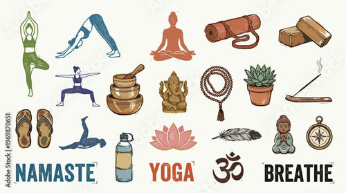 Diverse yoga and meditation elements including poses, incense, mala beads, and inspirational text for wellness and mindfulness