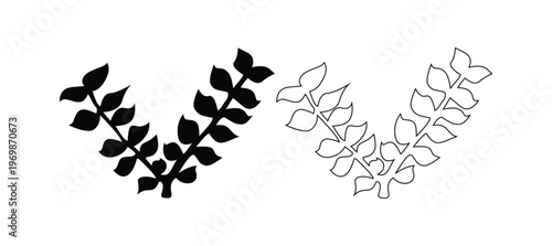 Set of leaves featuring both silhouette and black outline styles in a clean illustration, isolated on a white background. Perfect for botanical designs, coloring pages, eco-friendly projects, etc.,