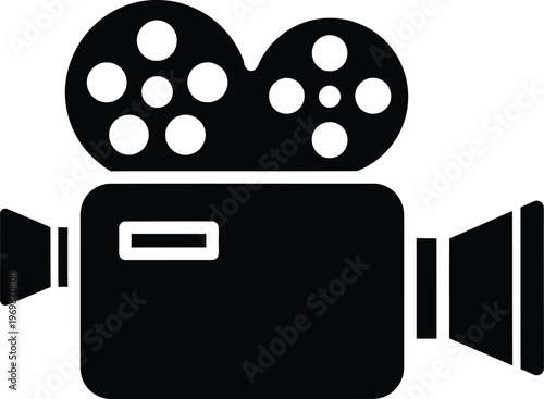Film camera, movie camera, video recorder, black icon, film reel