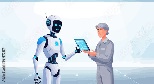Robot and technician interacting with futuristic tablet in high-tech lab