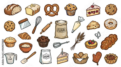 Assortment of baked goods and baking tools, including bread, pastries, cookies, muffins, and kitchen utensils, perfect for culinary themes and food blogs
