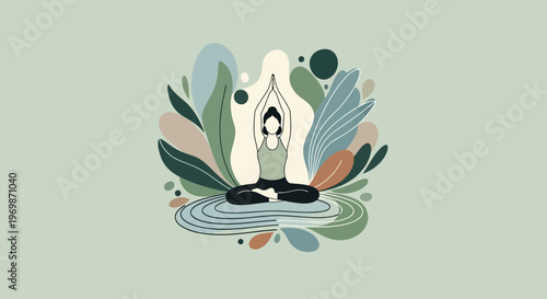 Woman meditating in lotus pose surrounded by abstract nature elements, calm and zen.