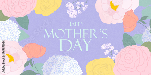 Happy Mother's Day Elegant Floral Greeting Card with flowers frame in soft pastel shades: pink white peonies, yellow roses, soft blue hydrangeas, and purple wildflowers. Spring summer floral pattern