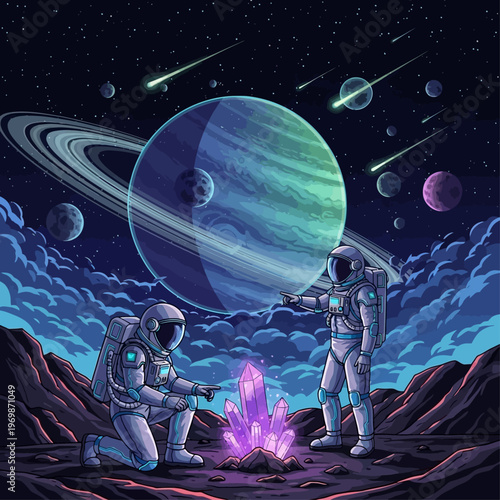 Celestial Explorers Uncovering Luminescent Crystals on a Desolate Ringed Planet.