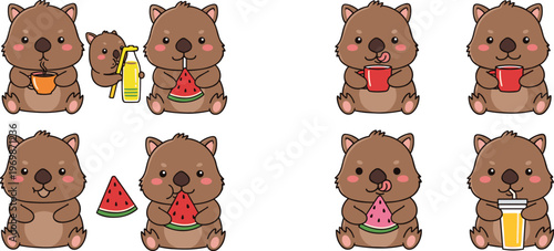 Hand-Drawn Cute Wombats Eating Watermelon and Drinking Beverages, Isolated on White Background for Fun, Animals, and Cartoon Illustrations