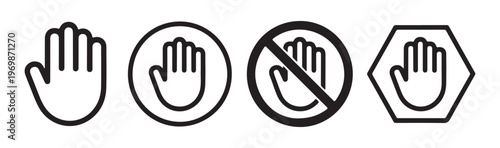 Stop hand vector icon set, outline style, flat style and filled style, on white background.