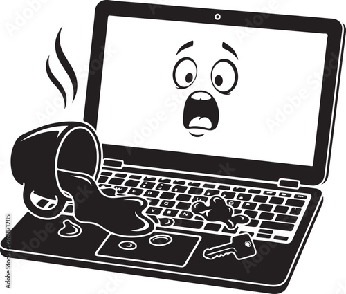 Overheating laptop with a surprised and distressed face and spilled coffee isolated on transparent background, Vector