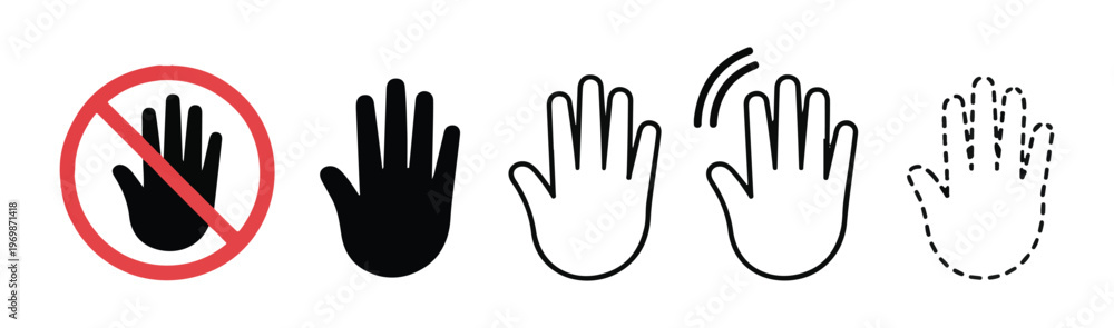 Fototapeta premium Stop hand sign icon set silhouette prohibition gesture warning caution different styles.