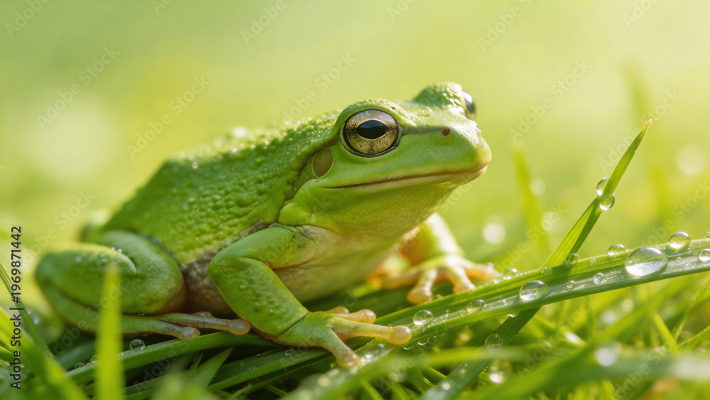 Obraz premium Green frog on dewy grass