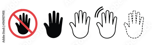 Stop hand sign icon set silhouette prohibition gesture warning caution different styles.