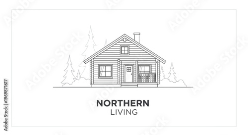 Northern Living log cabin vector illustration, rustic wooden house in pine forest, minimalist scandinavian cottage line art for real estate branding