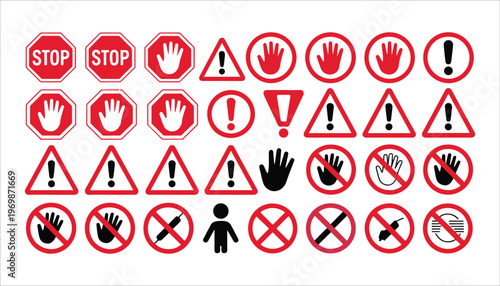 Prohibited action signs with warning triangle and hand icons set for safety communication.