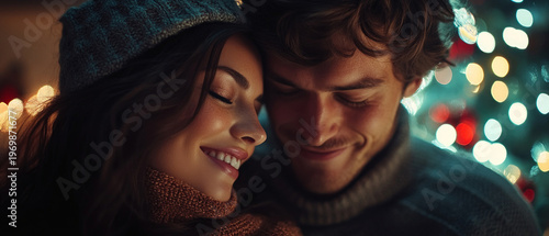 A couple in love tenderly embrace under the warm glow of the New Year’s lights, smiles on their faces, creating an atmospheric backdrop for romantic moments.