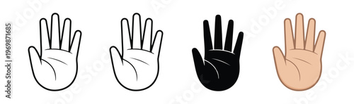 Set of human hand icons including outline and solid silhouette styles with skin tone color.