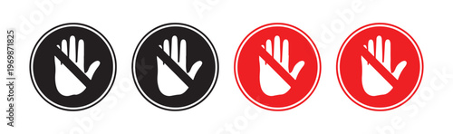 Set of black and red circular no hand signs for prohibition and danger warning.