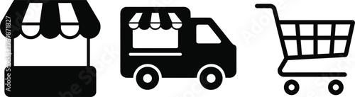 Marketplace icons set, shop storefront delivery truck and shopping cart symbols for ecommerce design