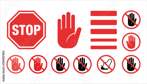 Stop sign icons collection with hand silhouette signal warning symbols and red stop signs.