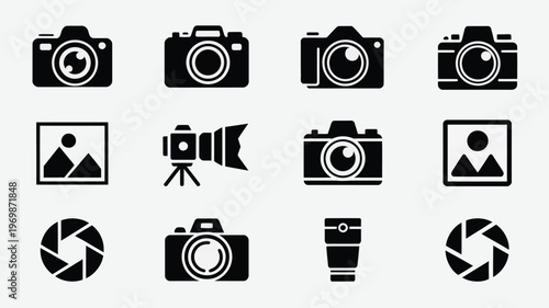 Photography icons featuring camera equipment lenses tripod and shutter aperture silhouettes in minimalist black and white design