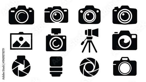 Set of black and white photography icons including cameras tripod lens and shutter symbols for design