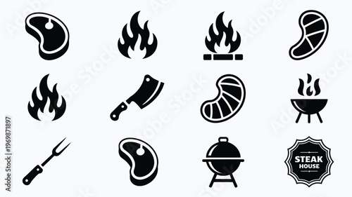 Black and white icons of grilling steak fire meat cleaver sausages grill and barbecue tools for professional culinary design