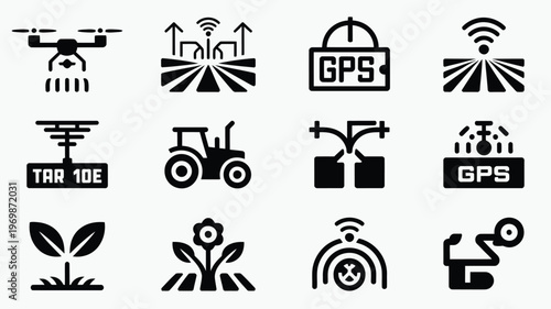 Smart farming technology icons showcasing gps drones tractors and sensors for modern agriculture in minimalist silhouette style