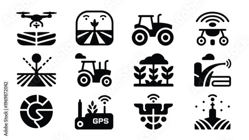 Smart farming technology silhouettes showcasing agriculture innovation with drones tractors gps and irrigation systems