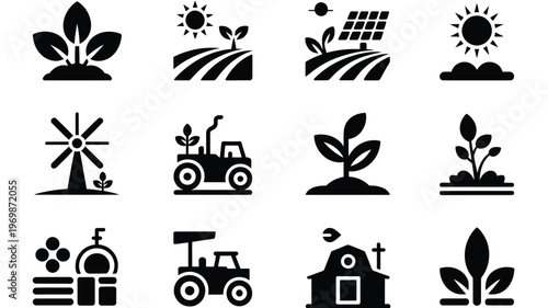 Black and white vector set of farming and agriculture icons including tractors windmills solar panels plants and farmhouses