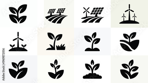Minimalist black icons of wind turbines solar panels and plant growth symbolizing renewable energy and sustainability