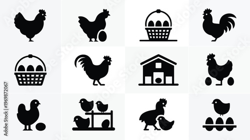 Poultry farm silhouette logo pack featuring chickens roosters eggs baskets and coops in minimalist black and white designs for versatile use