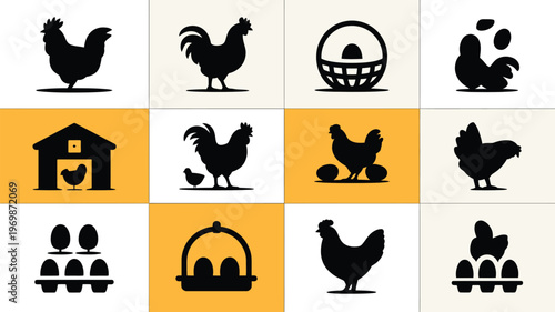 Minimalist poultry farm silhouettes featuring chickens roosters eggs and coop symbols in black and white design for logos and branding