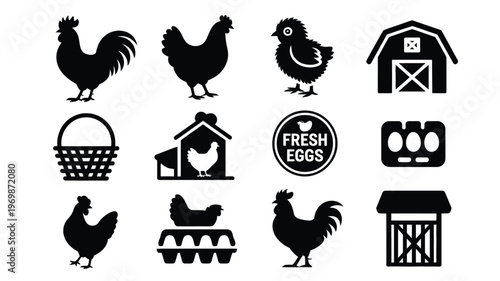 Black silhouettes of roosters hens chicks and barns with fresh eggs in cartons and baskets farm vector icons set