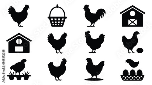 Poultry farm silhouette icons featuring chickens roosters coops eggs and baskets in minimalist black design for agriculture farming and livestock concepts
