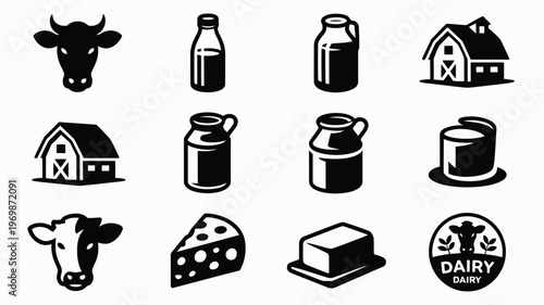 Black and white dairy farm icons featuring cows barns milk bottles cheese butter and a dairy logo symbolizing agriculture and farming