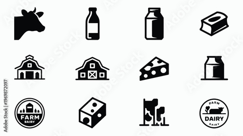Black and white minimalist icons of dairy products farm buildings and a cow head symbol ideal for branding or logo design