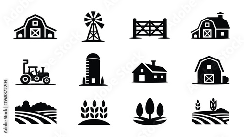 Collection of 12 minimalist black silhouette icons representing rural farm life agriculture and countryside elements