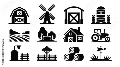 Set of 12 black and white vector icons representing farm life and agricultural elements