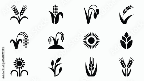 Minimalist black silhouettes of diverse plants and crops arranged in a grid on a clean background featuring wheat sunflowers and more ideal for design and illustration