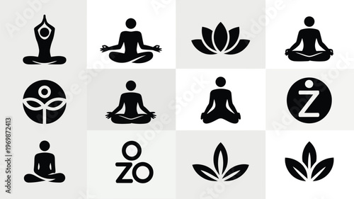 Modern yoga brand silhouette logo pack featuring meditative poses floral designs and geometric symbols in minimalist black and white style