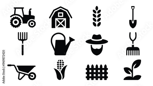 Black and white silhouette icons representing farming agriculture tools crops and farm structures for modern design