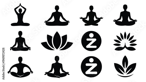 Modern yoga logo pack featuring silhouettes of meditative poses stylized lotus flowers and abstract zen symbols for branding