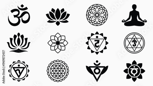 Black and white vector icons of spiritual symbols including mandalas lotus flowers and meditation poses for mindfulness and wellness designs
