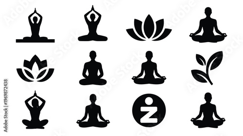 Modern black silhouette icons of yoga poses lotus flowers and a meditative leaf for relaxation and wellness