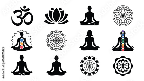 Black and white vector icons of spiritual symbols meditation poses mandalas and yoga silhouettes for wellness and mindfulness designs
