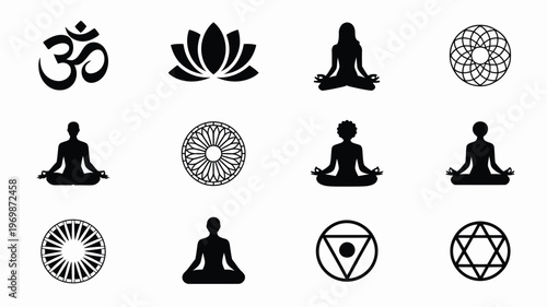 Black and white logo bundle featuring yoga poses meditative symbols and spiritual icons for mindfulness and wellness themes
