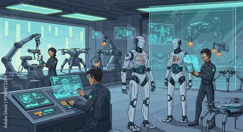 Robotics Lab: Engineers Develop Advanced Androids and Drones with AI Technology