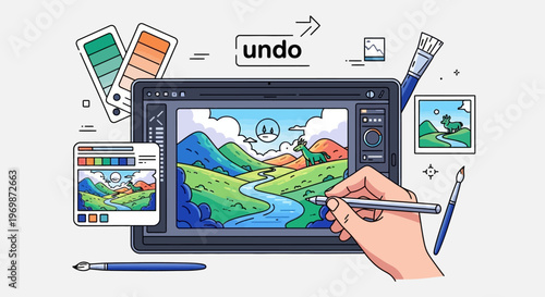 Digital Art Creation: Graphic Design Tools & Hand Drawing Landscape