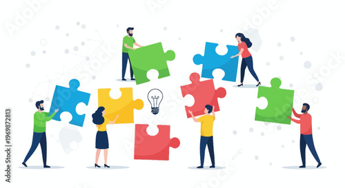 Teamwork assembling puzzle pieces for business solution and innovation
