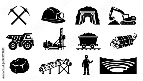 Mining Industry Silhouette Icon Set – Excavation Equipment, Tools and Resources Collection