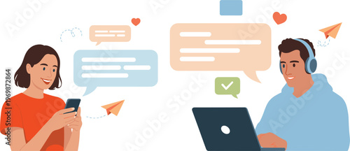 Online chat communication illustration, people messaging on smartphone and laptop social media conversation design