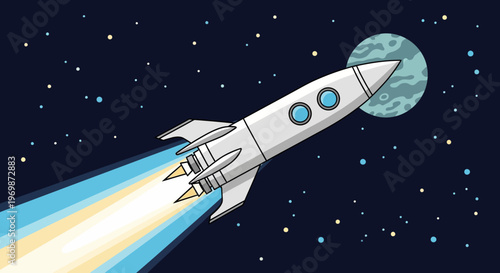 Retro rocket ship blasting through starry space towards a distant planet